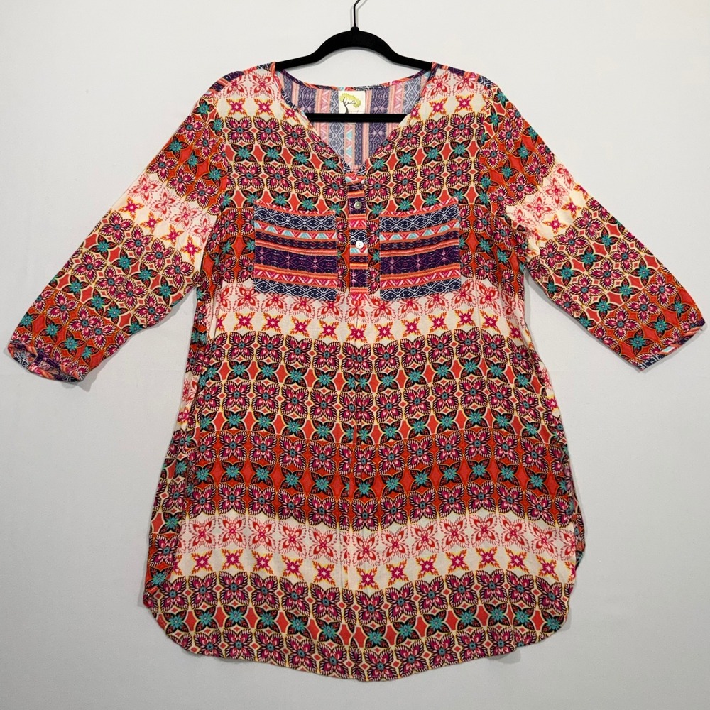 Fig and Flower Blouse Womens L Orange Geometric Tile Print Henley Tunic Boho